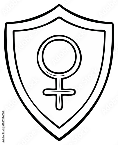 Hand-drawn shield emblem with female gender symbol inside, representing women's protection and power