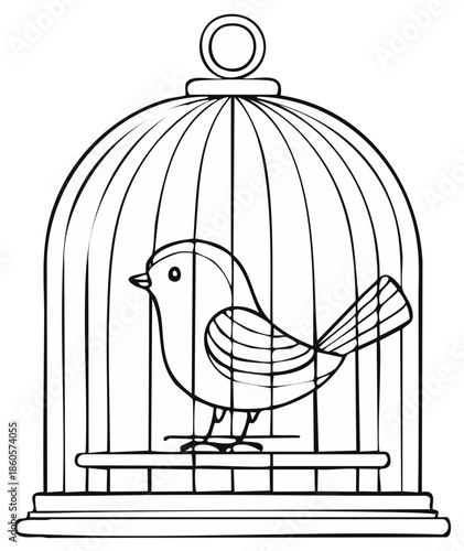 Outlined illustration of a bird in a cage, depicting confinement or freedom themes.