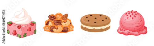 Delicious artisanal desserts: strawberry cake, pecan candy, cookie sandwich, berry gelato