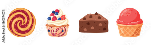 Assorted sweet desserts: cookie, cupcake, brownie, ice cream