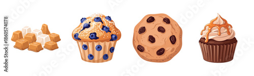 Assorted desserts: toffee, blueberry muffin, raisin cookie, chocolate cupcake