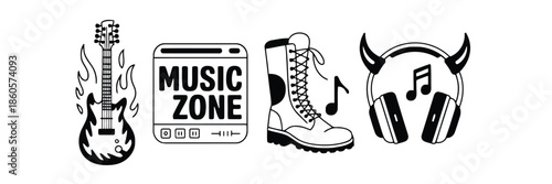 Black and White Music Related Including Guitar Cassette Boot Headphones and Notes cassette tape