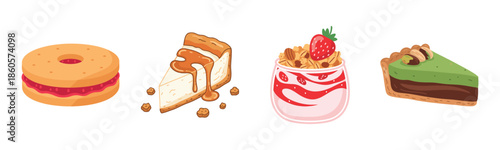 Assorted desserts: bagel, caramel cheesecake, strawberry yogurt, and chocolate pie