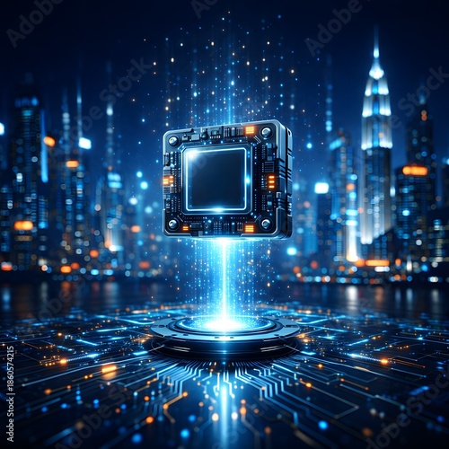Advanced Artificial Intelligence Processor in Neon Smart City