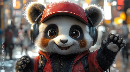 Panda bear wearing red cap headphones digital art