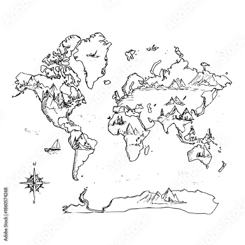 World map travel adventure geography exploration nautical chart vintage style journey destination wanderlust sketch art