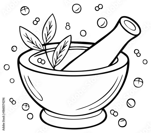 Mortar and Pestle with Herbs Line Art Illustration for Coloring or Botanical Designs