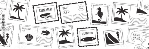 Black and White Summer Beach Themed Postage Stamps Set with Sea Creatures and Palm Trees
