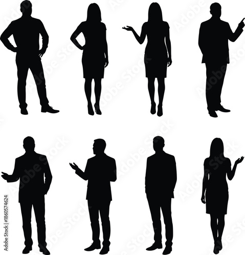 Business people silhouettes, standing and gesturing, male and female figures in formal attire, communication pose, isolated on white background, teamwork concept vector illustration