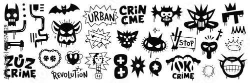 Black Hand Drawn Doodle Style Crime and Urban Chaos Graffiti Collection