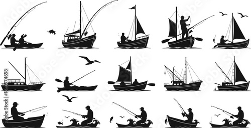 Fishing boat silhouette icon set, maritime activity, rod and reel, sea catch, vector illustration, black pictogram, nautical graphic