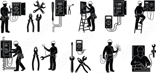 Electrician silhouette icon set, electrical tools, maintenance work, wire handling, repair technician, vector illustration, black pictogram, utility graphic