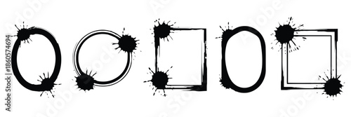 Black Ink Splatter Explosions Inside and Outside Geometric Circle and Square Shapes