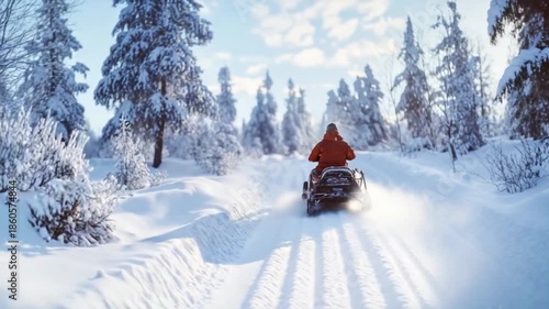 Snowy landscape with a person riding a snowmobile through a winter wonderland. Experience the thrill of adventure amid pristine snow. Generative AI