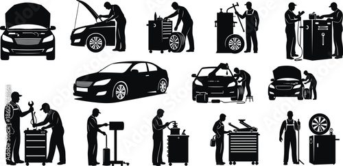 Car repair silhouette icon set, mechanic working, vehicle maintenance, tool usage, garage service, vector illustration, black pictogram, auto graphic