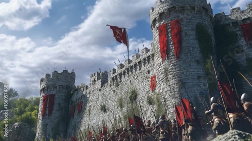 Epic medieval castle surrounded by soldiers in battle gear. The vibrant flags wave in the wind. Experience the drama and grandeur of history. Generative AI