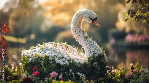 A beautiful floral swan gracefully flows through serene waters. Its stunning white flowers reflect tranquility. Nature and art blend perfectly together. Generative AI