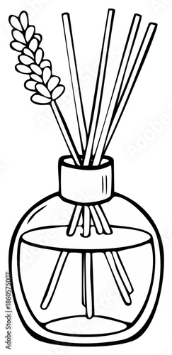 Lavender reed diffuser in a glass bottle, natural aroma, simple line art for aromatherapy and home decor