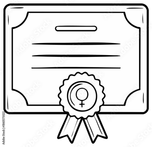 Vector illustration of certificate of completion with female symbol and ribbon for women's rights achievements outlined in black