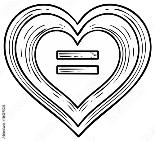 Equality symbol inside a textured heart outline signifying love and fairness