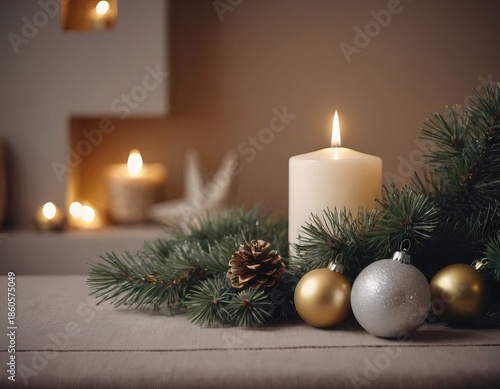 Alcune candele accese in questo ornamento natalizio, alcuni rami di pino e sfere di Natale