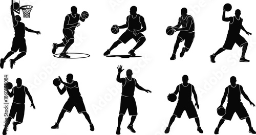 Basketball player silhouette icon set, dribbling, shooting, dunking, passing, athletic motion, sports action, vector illustration, black pictogram graphic