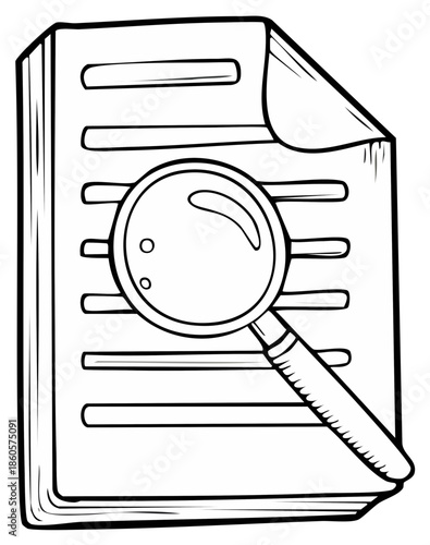 Hand drawn illustration of a magnifying glass examining a document with lines of text