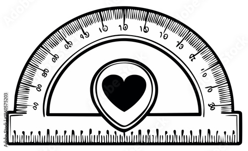 Hand drawn protractor with heart symbol measuring geometric angle and love concept