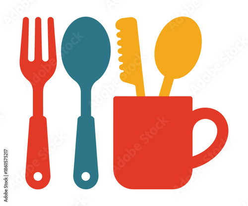 Colorful kitchen utensils neatly arranged in a bright red mug, ready for meal preparation.