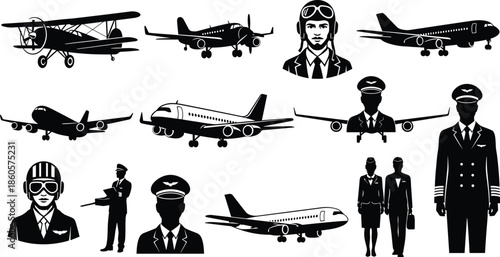 Aviation silhouette icon set, pilot figure, airplane types, vintage aircraft, airline crew, vector illustration, black pictogram, flight graphic, travel symbol