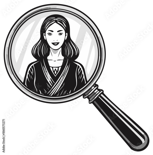 Illustration of a woman's portrait magnified in a magnifying glass for recruitment and research concepts