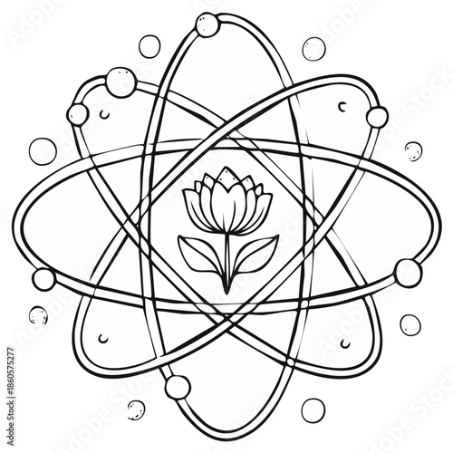 Abstract representation of atomic structure with a lotus flower symbolizing spiritual science and harmony