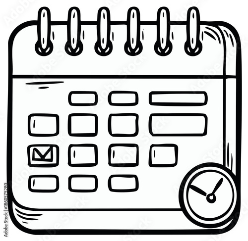 Cartoon calendar icon with clock for business planning and appointments