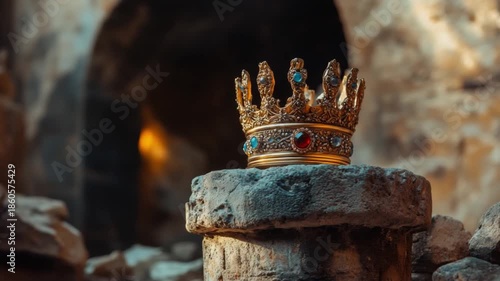 A majestic golden crown rests on a stone pedestal amid ruins. This enchanting footage captures the essence of royalty and history. Perfect for storytelling. Generative AI