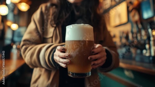 A cozy pub atmosphere with a refreshing beer in hand. Experience the warmth and camaraderie of friends sharing drinks. Enjoy this visual delight. Generative AI