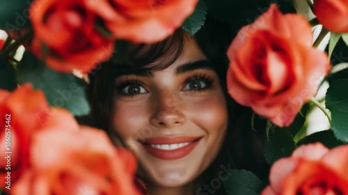 A captivating portrait of a woman framed by vibrant roses. Beauty and nature intertwine beautifully in this enchanting scene. Perfect for creative projects. Generative AI