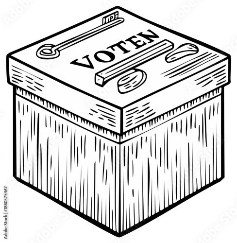 Hand drawn illustration of a voting box in black and white representing voting rights and political elections