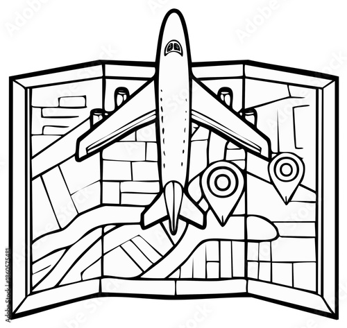 Airplane flying over a map with location pins illustrating travel destinations and flight routes