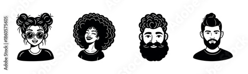 Cartoon portraits of diverse young adults with distinct hairstyles