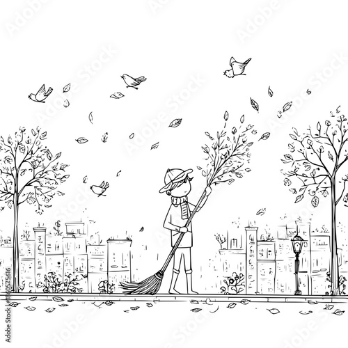 Man Raking Leaves in City Park on Autumn Day