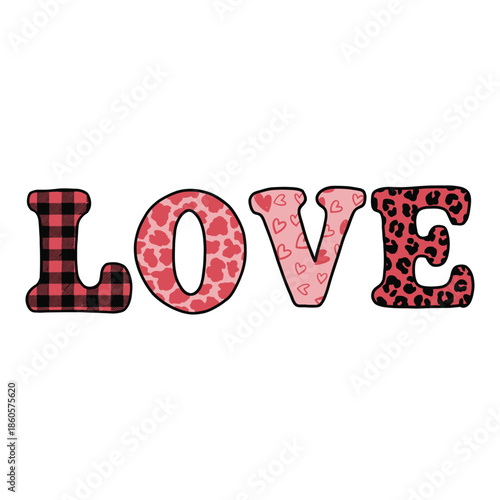 Love Word Typography with Plaid, Heart and Leopard Pattern Letters