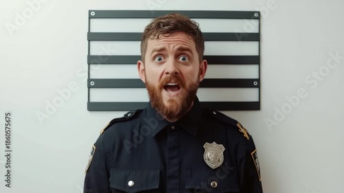 A surprised police officer stands against the mugshot backdrop. His expression is one of shock and disbelief. Capturing unexpected moments and emotions. Generative AI