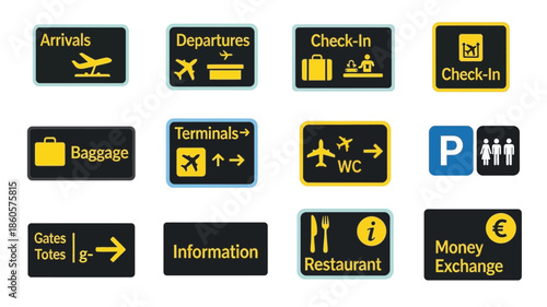 Airport signage icons directions for arrivals departures and airport services