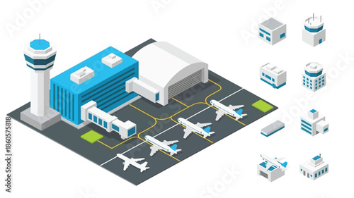 Isometric illustration of a modern airport terminal with planes and control tower