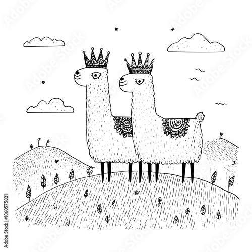 Llamas Wearing Crowns Standing on Hill in Black and White Illustration