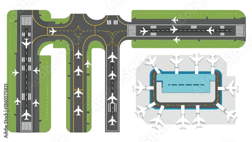 An aerial view of a stylized airport layout with runways and airplanes