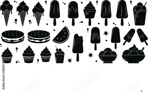 Ice cream silhouette collection featuring popsicles cones sundae cups and sandwich cookies for summer dessert menu cutting machine crafts and graphic vector design.