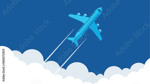 A bright blue airplane ascends through fluffy white clouds in a clear sky