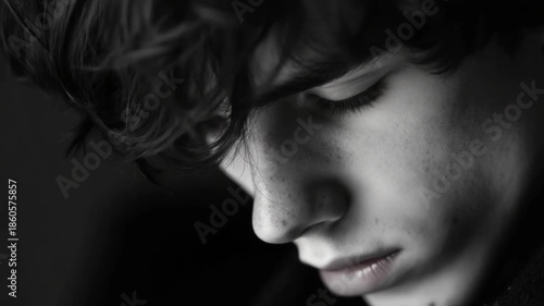 A contemplative moment captured in black and white. Embrace the emotions within. Watch as thoughts take shape. Generative AI