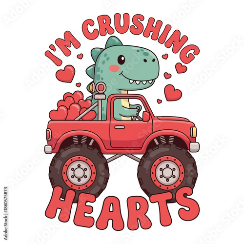 Cute Dinosaur in Monster Truck with Hearts Valentine Love Illustration